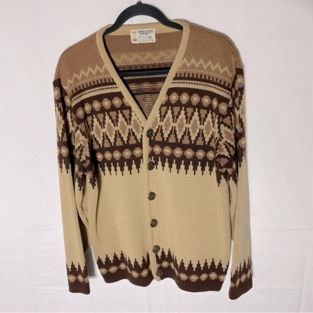 Vintage White Ram Tan Brown Fair Isle Virgin Wool Knit Button Up Cardigan M